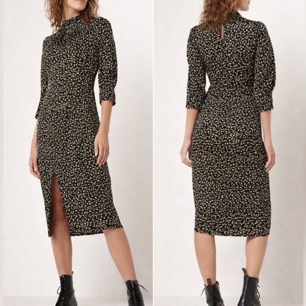 BA&SH Edmee Ditsy Floral Black Cutout Smocked Waist Chic Feminine  Midi Dress